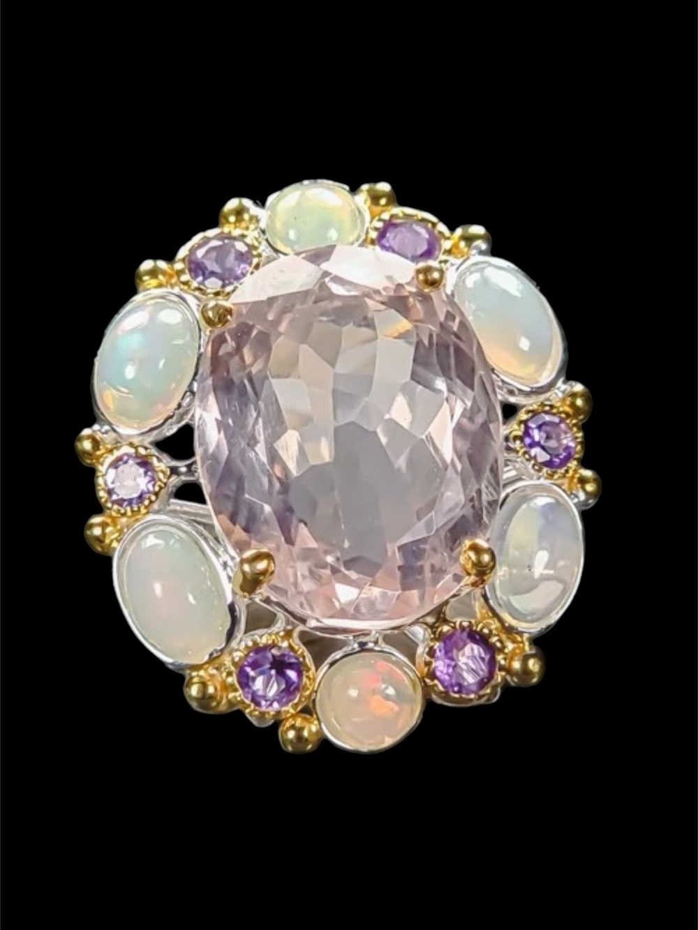 Genuine AA+ Pink Rose Quartz, Opal & Amethyst Ring